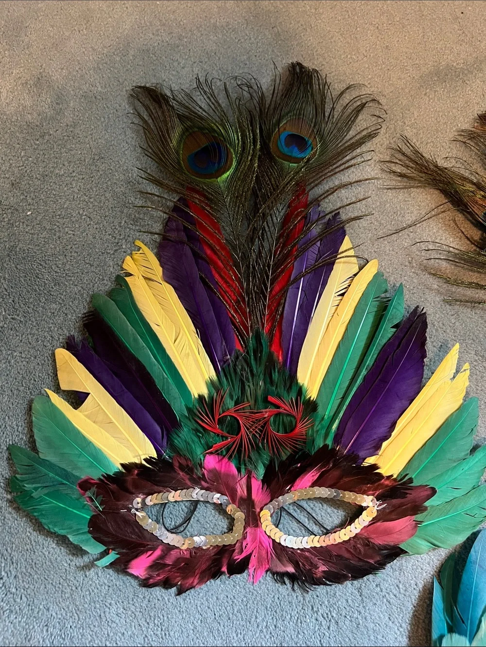 Feather Mardi Gras Mask Lot 3pc Masquerade Ball Colorful Peacock Plumes Set